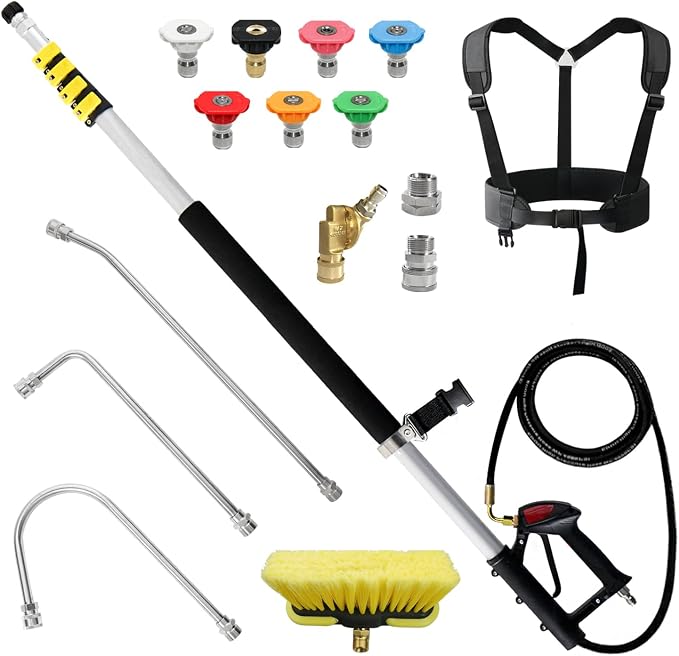 24 FT Pressure Washer Telescoping Wand with 3 Extension Wands | Gutter Cleaner Attachment, 7 Spray Nozzle Tips, 2 Hose Inlet Adapters, Pivoting Coupler and Support Harness