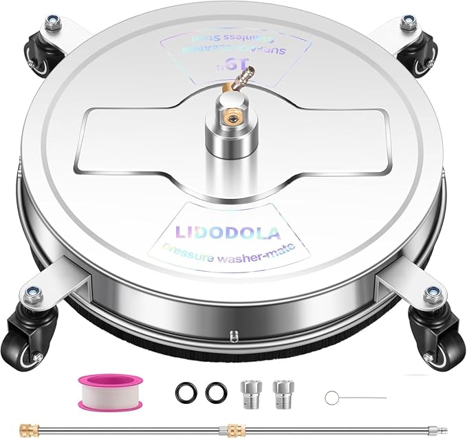 LidoDola 19'' Pressure Washer Surface Cleaner, Power Washer Accessory | Stainless Steel Housing with 4 Wheels, 1/4" QC, 2 Extension Wands & 2 Replacement Nozzles, for Gas & Electric Pressure Washer