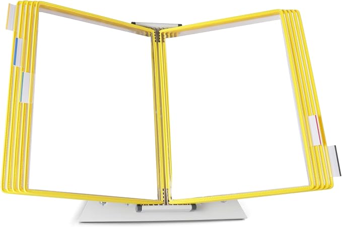 Tarifold Desktop Reference Display System, 10 Pockets, Expandable, Yellow | 10 double-sided PVC pockets, holds 20 letter-size sheets, sturdy metal base, quick-find indexing, quick and easy to assemble