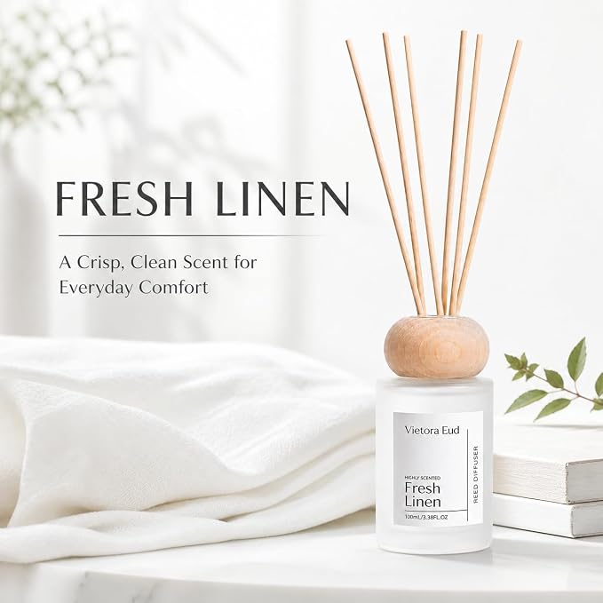 Fresh Linen Reed Diffuser, 3.5 Fl Oz | Lasts 12 Weeks, Flameless&Safe. Perfect for Bedroom/Living Room. Natural Oils, Gift