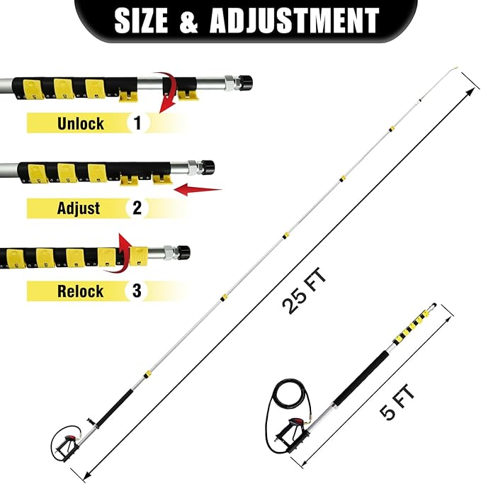 25 FT Pressure Washer Telescoping Wand with Extension Wands | Gutter Cleaner Attachment, 7 Spray Nozzle Tips, 2 Hose Inlet Adapters, Pivoting Coupler and Support Harness