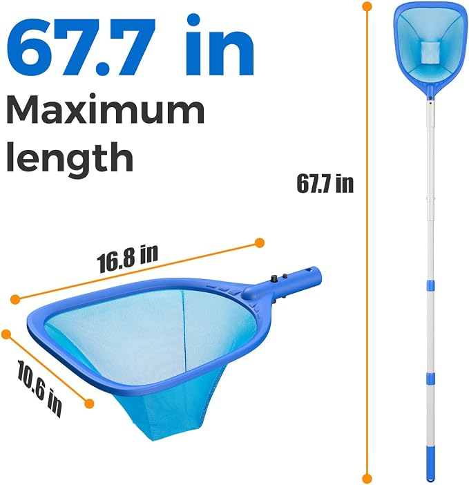 Mowend Swimming Pool Skimmer Net Total Length 67.7 inches, Leaf Rake Net with Adjustable Aluminum Pole for Fast Cleaning Ponds, Hot Tub, and Spas, Pool Cleaner Supplies and Accessories