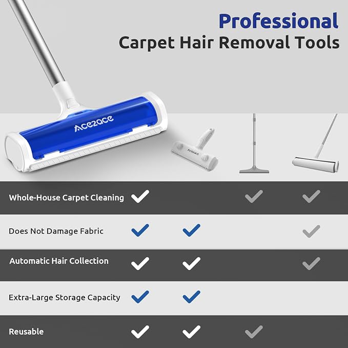 ACE2ACE A3 Pro Carpet Roller for Pet Hair, Carpet Pet Hair Removal Tool | Reusable Large Lint Rollers, No Bending No Kneeling, Cat Dog Hair Remover for Carpet, Rugs, Mats, Royal
