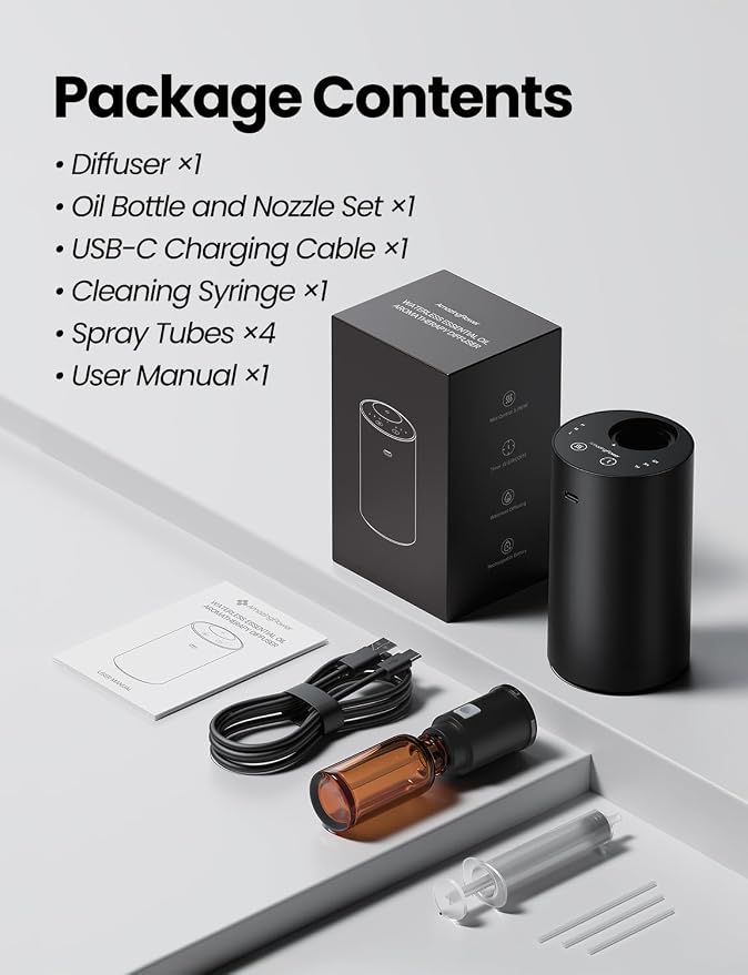 Waterless Essential Oil Diffuser, Portable Car Diffuser, Black | 20mL Capacity, Battery Operated, Mini Scent Diffuser, 3 Mist Levels, Timers, Leak-Free for Home, Office & Travel