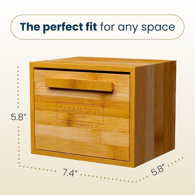 Clean Skin Club Luxe Bamboo container with pullout drawer includes Clean Towels® Original XL 50 Count, Disposable Face Towel Holder for Bathroom Counter