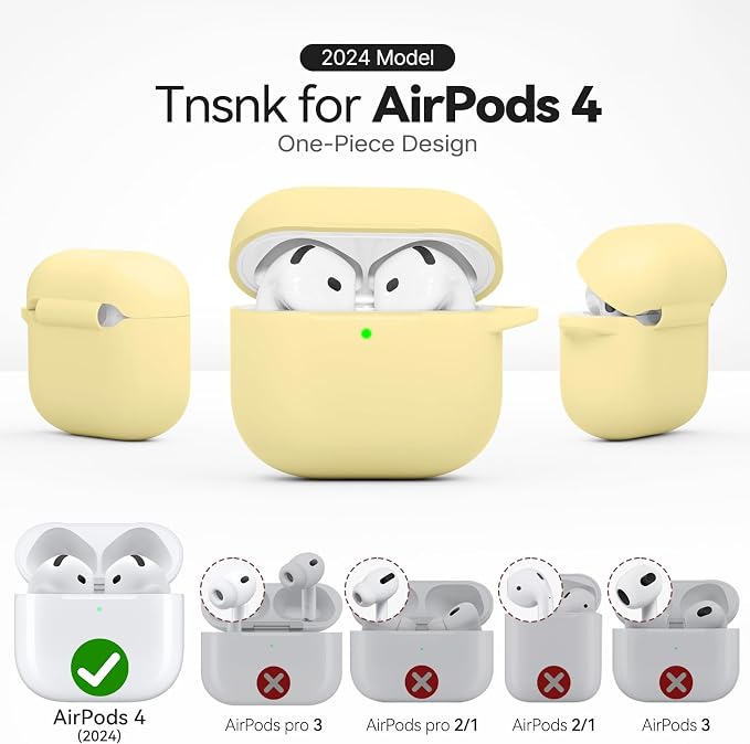 for AirPods 4 Case, TNSNK Silicone AirPod 4 Case Cover Compatible with Apple Airpods 4th Gen, Shockproof Protective Cases for Women Girly with Cleaner Kit and Keychain, Front LED Visible