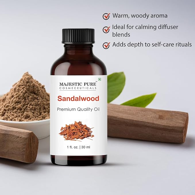 Majestic Pure Essential Oil with Glass Dropper - 100% Pure and Natural - Essential Oils for Diffuser, Aromatherapy, Soap and Candle Making, Sandalwood Essential Oil, Sandalwood Oil, 1 Fl Oz | 100% Natural Essentials Oils Ideal for Humidifier, Air Fresh...