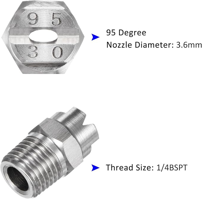 M METERXITY 5-Pack Flat Fan Spray Tip, 95 Degree 1/4BSPT Male Stainless Steel Pressure Washer Nozzles Cleaner Nozzle Replacement W Sealing Tape for Water Guns (3.6mm Orifice)