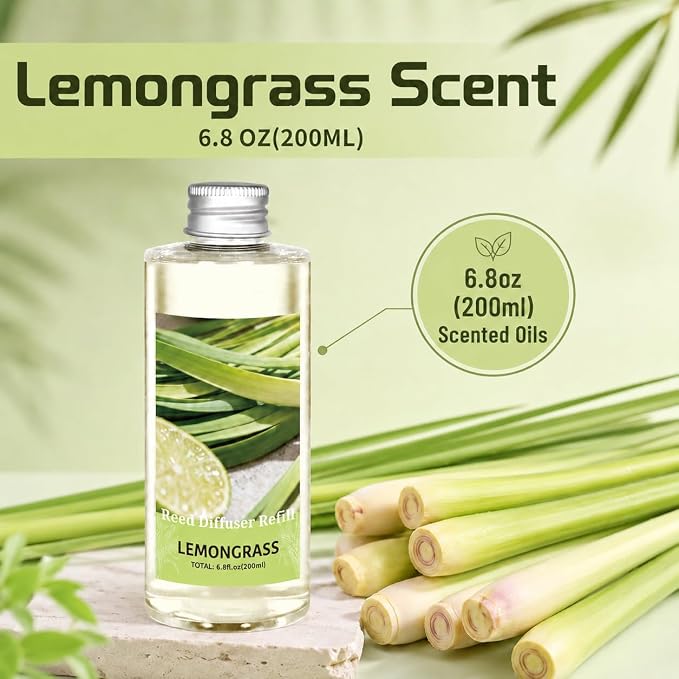 STRN Lemongrass Reed Diffuser Oil Refill, Diffuser Refills with Stick 200ML | Summer Long-Lasting Fragrance for Living Room, Bedroom, Office, Home Décor