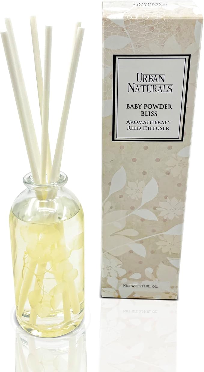 Reed Diffuser Set, Baby Powder Bliss - Bathroom Shelf Décor | Bliss, Made with Essential Oils & Real Botanicals, Powdery Floral Notes, Rose, Geranium, Musk & Cedar, Makes a Great Gift