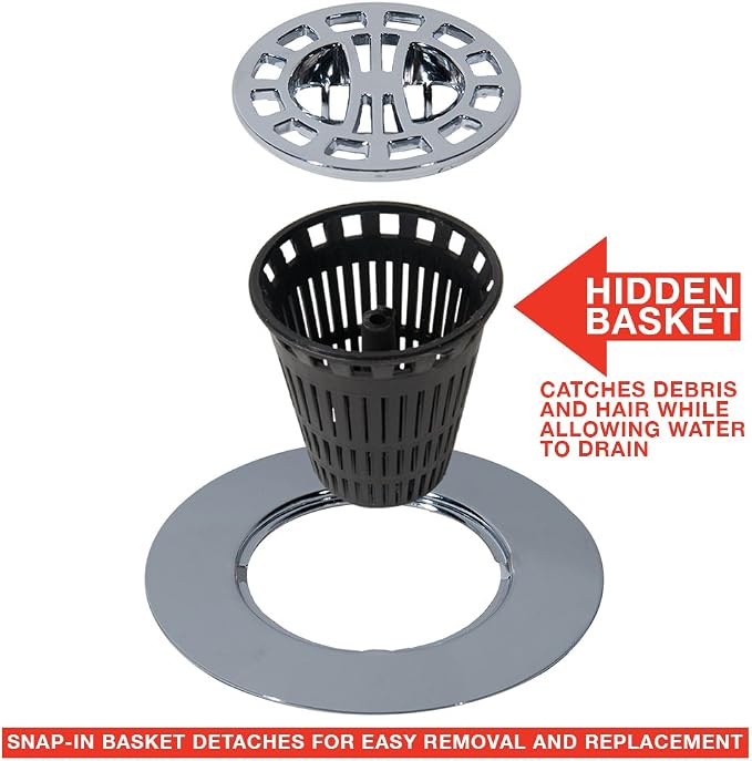 Danco Snap-in Shower Drain Cover with in-Drain Hair Catcher, 4-1/4" Round, Chrome Strainer, (10529)