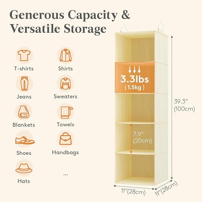 Lifewit 5 Tier Hanging Portable Closet Storage Organizer for Shelves, Beige | Foldable Clothes Shelf with 2 Sturdy Hooks, Sweater/Coat/Shoes Clothing Organization for Wardrobe, Dorm, Bedroom