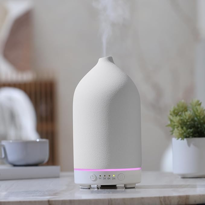200ML Ceramic Essential Oil Diffuser for Home, Stone Diffuser | Ultrasonic Aromatherapy Diffuser & Air Humidifier for Bedroom, Office, Yoga, 7 LED Lights, Auto Shut-Off, 3 Timers, White