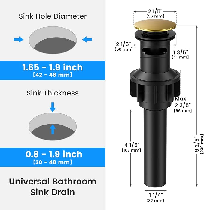 Bathroom Sink Drain with Overflow, Hurran Bathroom Sink Stopper for Bathroom Vanity Vessel Sink, Rapid Draining Plastic Pop-up Sink Drain with Hair Catcher Anti-Clog Strainer, Brushed Gold