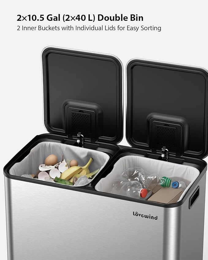 Lovewind Trash Can, 2 x 10.5 Gallon (2 x 40 L) Garbage Can for Kitchen Dual Compartment Recycling Kitchen Step Trash Bin, Stainless Steel Trash and Recycle Bin Combo with Soft-Close Lid, Silver