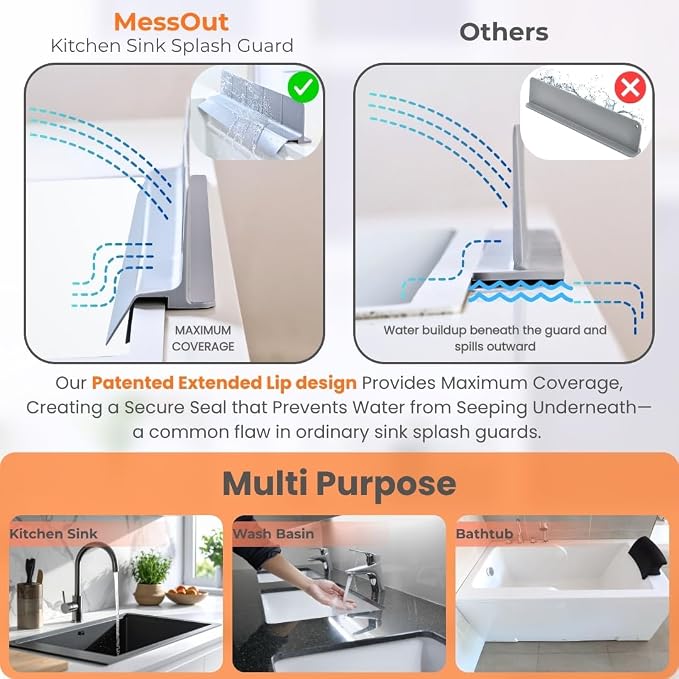 MessOut Sink Splash Guard | Premium Korean Silicone | 3 Practical Sizes for Maximum Coverage |Solution for Mess Free Dish-washing | Super Strong Suction to nearly all Shelf-tops.