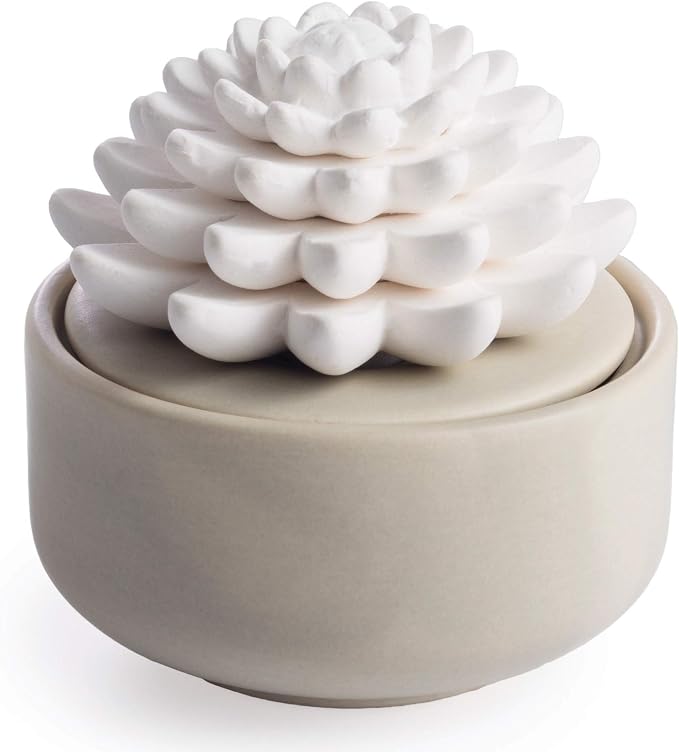 White Succulent, Porcelain Passive Essential Oil Diffuser (with 15ml Peppermint Essential Oil) – Non-Electric, Battery-Free, Improves Sleep, and Relieves Stress
