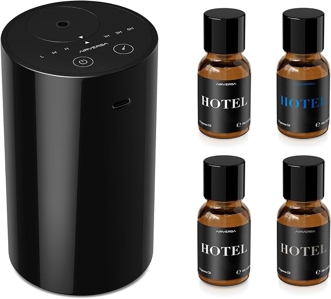 Airversa AN8 Waterless Essential Oil Diffuser Starter Kit, Black | 4 x 10mL Hotel Scent Fragrance Oi, Up to 600 sq ft, Battery Operated, Portable for Home Car Office, AN8Kit-4x10-01