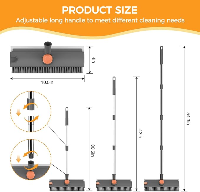 SetSail Floor Scrub Brush with 54in Adjustable Long Handle, Grey&Orange | 3 in 1 Floor Scrub Brush with Scraper and Stiff Bristle, Heavy Duty Floor Scrubber for Shower Bathroom Kitchen Patio Garage