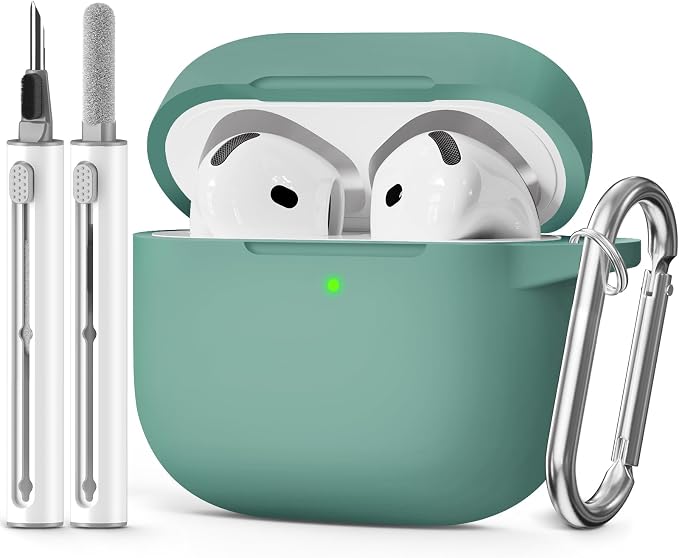 for AirPods 4 Case 2024 with Cleaner Kit & Keychain-Pine Green | Silicone Protective Cover for Apple AirPods 4th Generation Case,for Women Men,One-Piece Design,Shockproof,Dust Proof