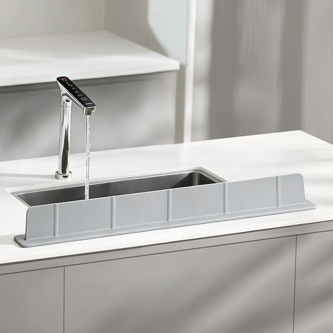 28Inch Silicone Sink Splash Guard with Strong Suction Cups, Flexible Kitchen Sink Splash Guard for Front of Sink, Easy to Clean Splash Guard for Kitchen & Bathroom (Grey, 28''x2.8'')