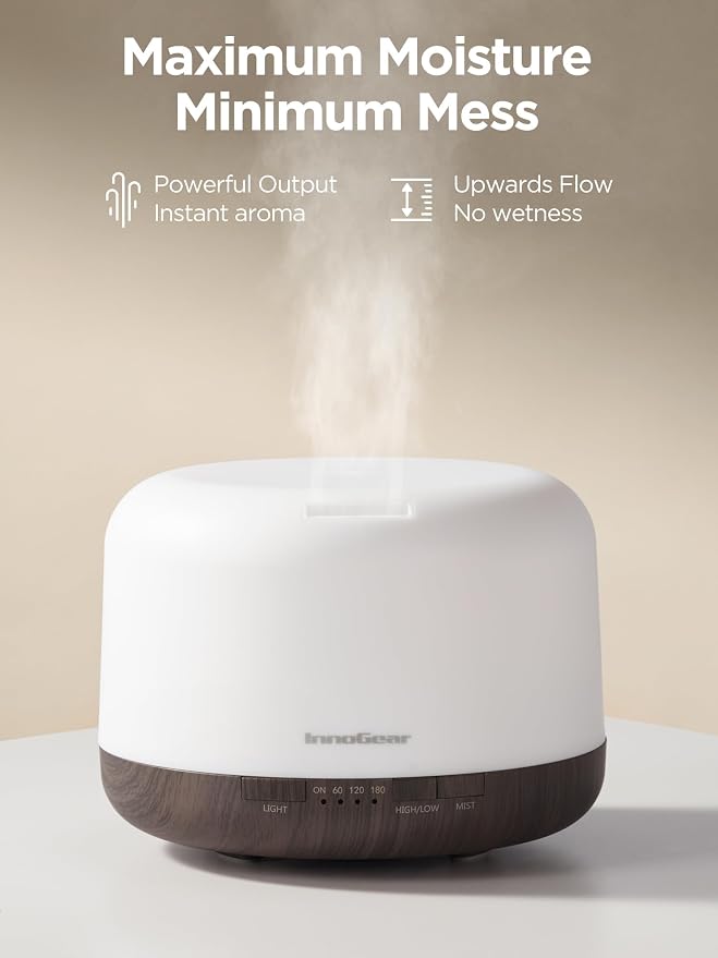 InnoGear 500ml Aromatherapy Diffuser for Home 10 Essential Oil Set, Brown | Gift Set, Remote Control, Automatic Shut-Off, 4 Timers, Quiet, Run up to 18hrs, Cool Mist Humidifier, Large Room, Easy to Use