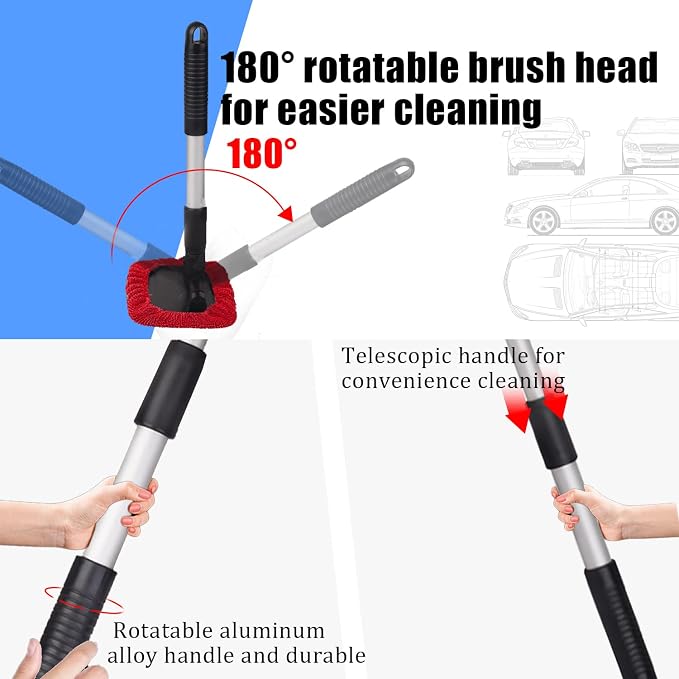 Car Glass Cleaner Wiper,Windshield Cleaning Tool, Microfiber Window Cleaner with Extendable Handle,Auto Glass Wiper Kit(Red Square)