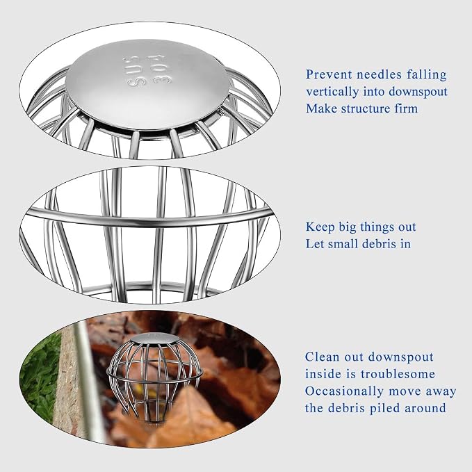 Gutter Guard, Fits for 2.8" ~ 3.7" Round Downspout, 304 Stainless Steel Rigid Filter Strainer, Stops Leaves Seeds and Other Debris, Gutter Cleaning Tool – 4 Pack