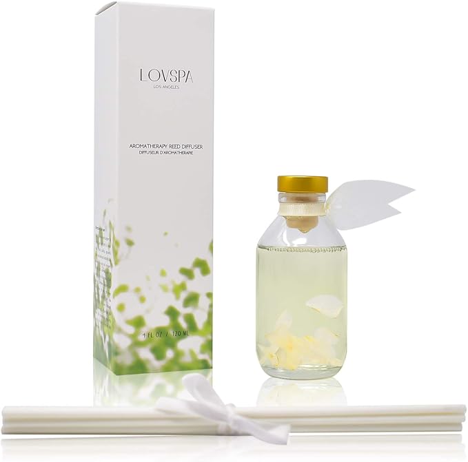 Reed Diffuser Set - Jasmine Vanilla Scented Diffuser with Sticks | Home Fragrance Reed Diffuser for Bedroom, Bathroom Shelf Décor, with Real Rose Flowers in the Bottle - Made in the USA