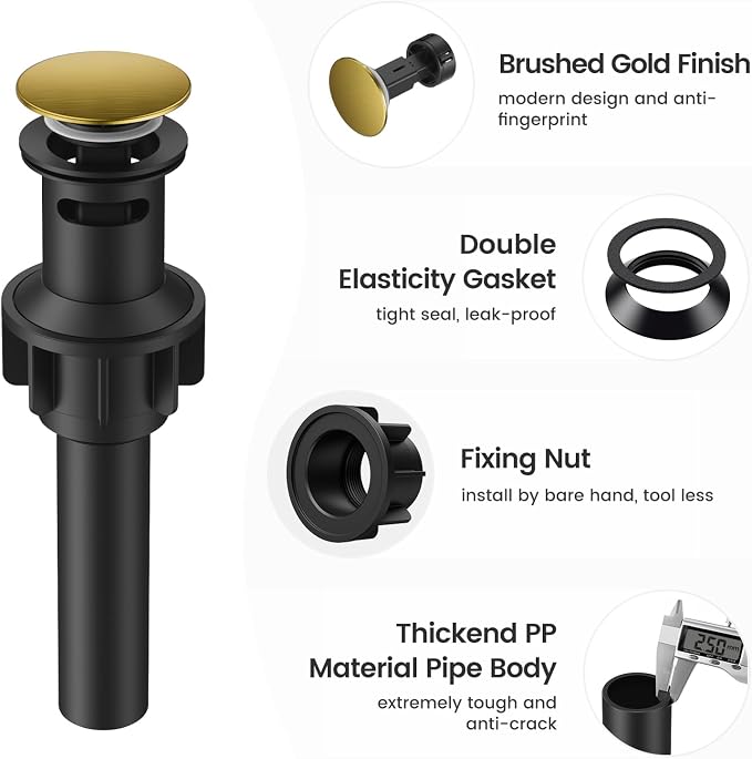 Bathroom Sink Drain with Overflow, Hurran Universal Bathroom Sink Stopper for Bathroom Vanity Vessel Sink, Plastic Pop-up Sink Drain with Hair Catcher Anti-Clog Strainer, 2 Pack, Brushed Gold | Hurran Bathroom Sink Stopper for 1.65"-1.9" Hole, Plastic ...