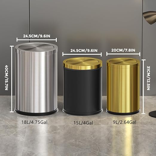 18L Stainless Steel Bathroom Trash Can, Gold, Round | 4.7 Gallon, Swing Lid, Elegant Waste Basket, For Toilet Bathroom Cafe Kitchen Office Hotel Home