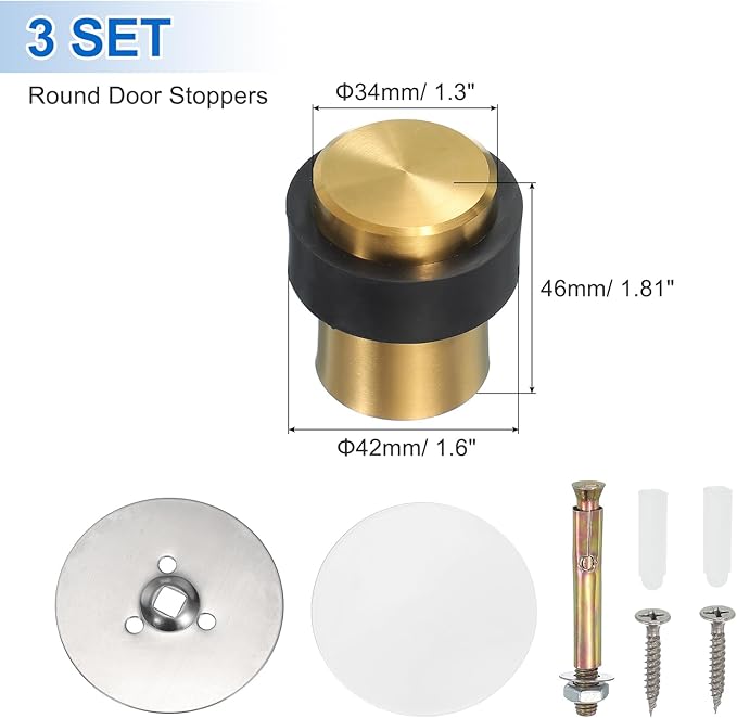 PATIKIL 3Set Round Door Stoppers, 46mm Stainless Steel Door Stop Doorstop Wedge Metal Cylinder Self Adhesive with Screw for Bottom of Door Floor Inside, Gold Tone