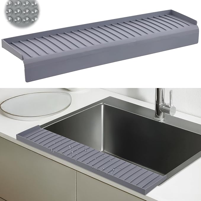 Sink Edge Protector with Suction Cup 14" 20" 24" 30", Silicone Sink Splash Guard for Kitchen & Bathroom, Protect Countertop from Scratches, Stains, for Stainless Steel Granite Quartz-Grey