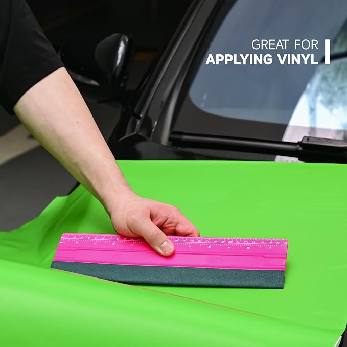 FOSHIO Professional Squeegee for Vinyl, Decals, Sticker Paper, Wallpaper, Window Film, Craft, Suede Felt Squeegee Smoothing Tool with Ruler, Pink (10 inches)