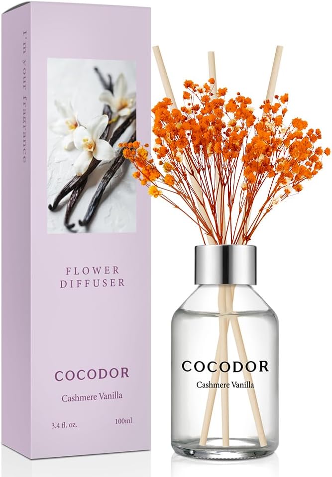COCODOR Flower Reed Diffuser Set / 3.4oz / Cashmere Vanilla/Scent Diffuser with Sticks Home Fragrance Reed Diffuser for Bathroom Shelf Decor