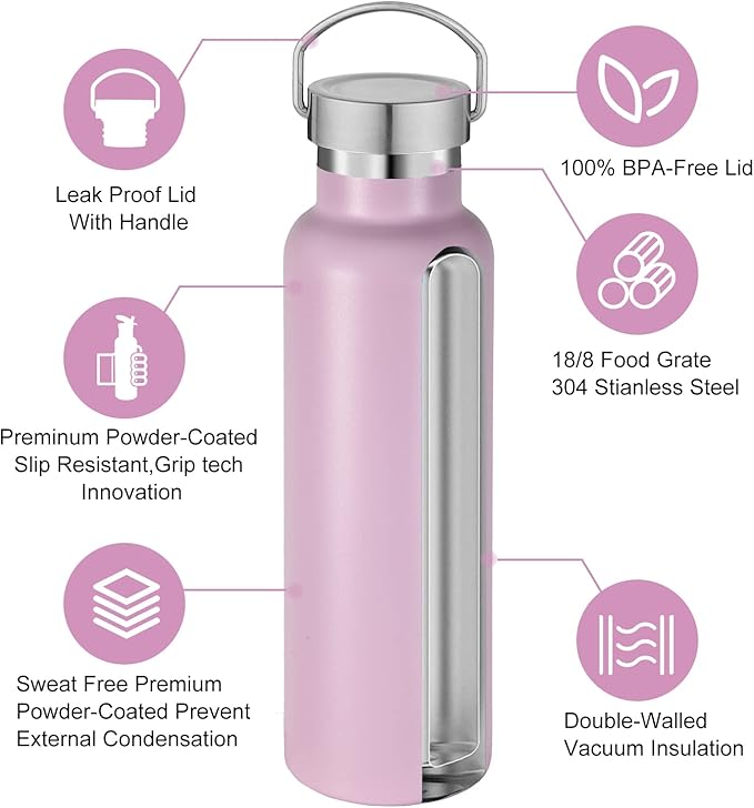 Neihepal 20 oz Insulated Water Bottles Bulk 4 Pack,Stainless Steel Double Wall Sport Bottle with Lid of Handle,Metal Reusable Thermoses Flask with Cup Cap for School,Hikers,Gift (Pink,Set of 4)