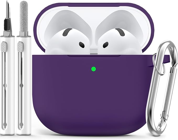 Ljusmicker for AirPods 4 Case 2024 with Cleaner Kit,Soft Silicone Protective Cover for Apple AirPods 4th Generation Cases for Women Men,for AirPod 4 Case Accessories with Keychain-Dark Purple