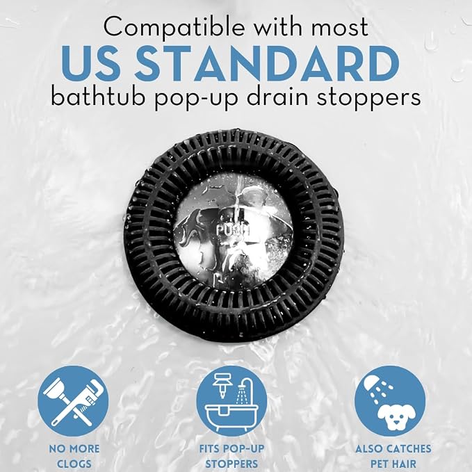 TubRing Pop-Up Drain Protector & Strainer Silicone Hair Catcher, Black | Easy snap-in design fits around bathtub stoppers. Customizable utility guard for clog prevention. Fits 1.85"- 2.16" drains.