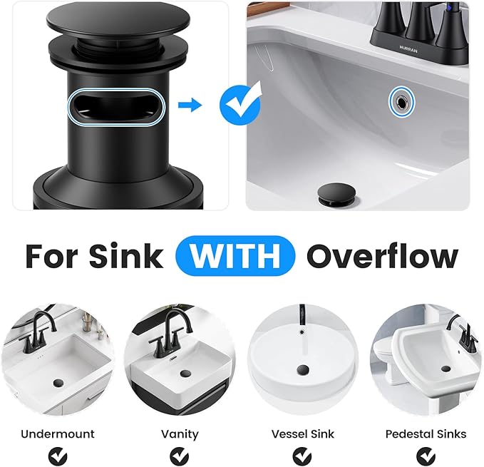Bathroom Sink Drain with Overflow with Hair Catcher Anti-Clog Sink Strainer | Hurran Matte Black Bathroom Sink Stopper for 1.65"-1.9" Hole, Plastic Pop-up Drain for Bathroom Vanity Vessel Sink, 2 Pack
