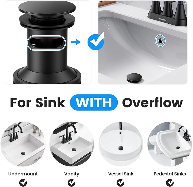Bathroom Sink Drain with Overflow with Hair Catcher Anti-Clog Sink Strainer | Hurran Matte Black Bathroom Sink Stopper for 1.65"-1.9" Hole, Plastic Pop-up Drain for Bathroom Vanity Vessel Sink