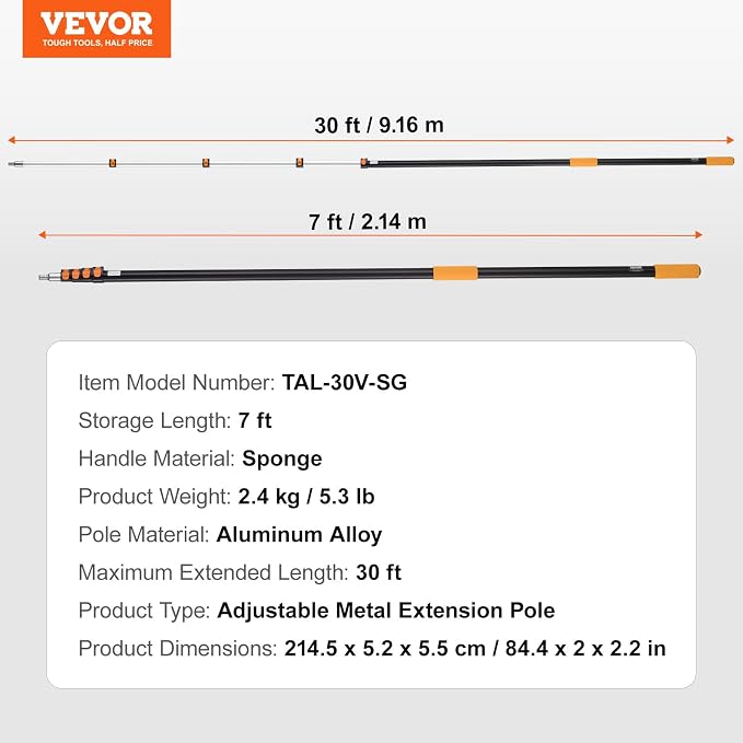VEVOR Telescopic Extension Pole, 7-30 FT Multi-Purpose Extension Pole, Sturdy Aluminum Alloy Paint Extendable Pole with Flip-Lock Design, Telescopic Pole for Painting, Dusting and Cleaning | For Painting, Dusting, Cleaning, Flip-Lock Design, Flexible L...