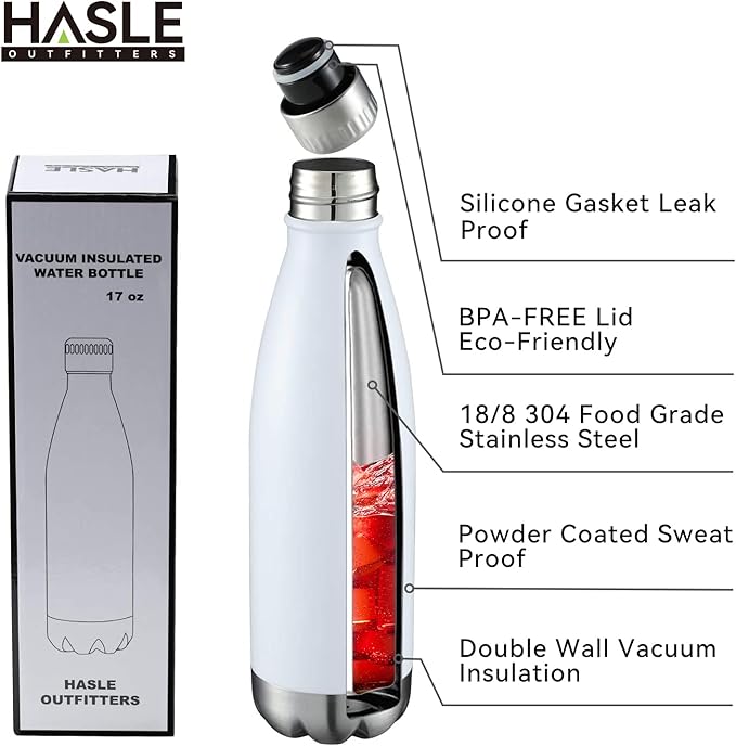 HASLE OUTFITTERS 17oz Stainless Steel Water Bottles Bulk, Vacuum Insulated Water Bottles Double Walled Powder Coated Reusable Metal Sports Water Bottles Keep Drinks Hot and Cold, White, 8Packs