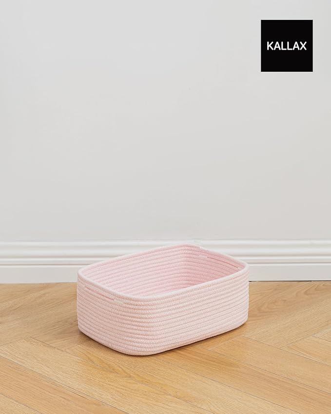 Small Woven Basket, 13.5 x 9.5 x 5 Inches, Storage Basket for Organizing, Cute Small Rope Shelf Closet Cube Storage Bins Baskets for Shelves, Dog Toy Gift Baskets Empty, 3 Pack Light Pink