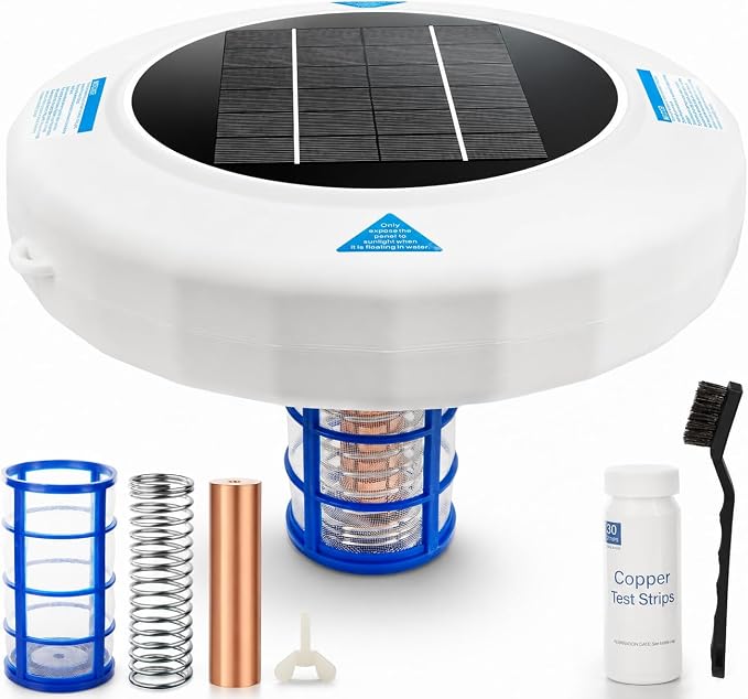 Upgraded Solar Powered Pool Water Care Device for Above Ground & Inground Pools Up to 45,000 Gallons, Floating Pool Maintenance System with Thick Copper Component, Low Maintenance Pool Care Solution