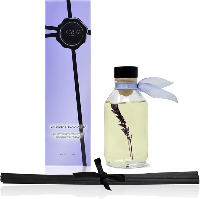 Reed Diffuser Set - Lavender & Black Amber Scented Diffuser with Sticks | Home Fragrance Reed Diffuser for Bedroom, Bathroom Shelf Décor, with Real Botanicals in the Bottle - Made in the USA
