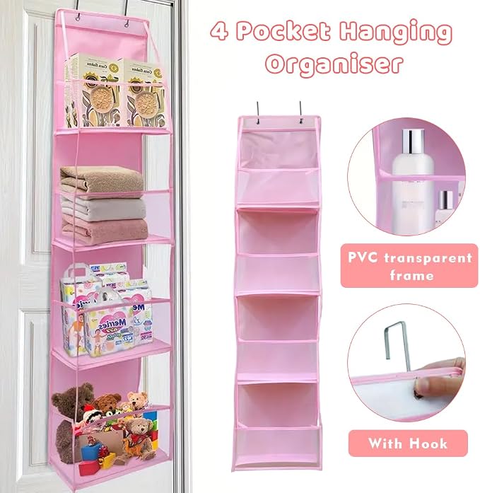 4 Shelf Swing-Proof Behind Door Organizers with Metal Hooks,Closet Hanging Organizer with 4 Large Clear Pocket for Bedroom,Bathroom,Pantry