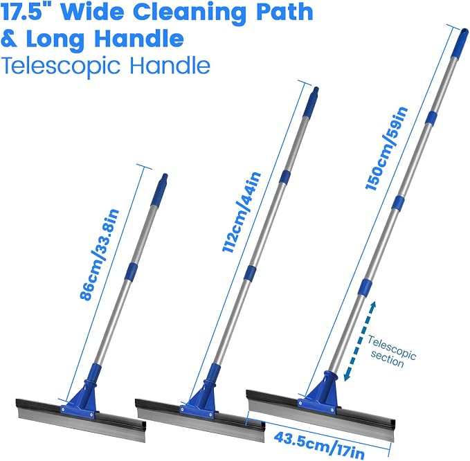Floor Squeegee for Concrete Floor, 18" Large Heavy Duty Squeegee for Floor, Rubber Broom with 60" Long Handle for Garage Concrete Bathroom Kitchen Pool Glass Window