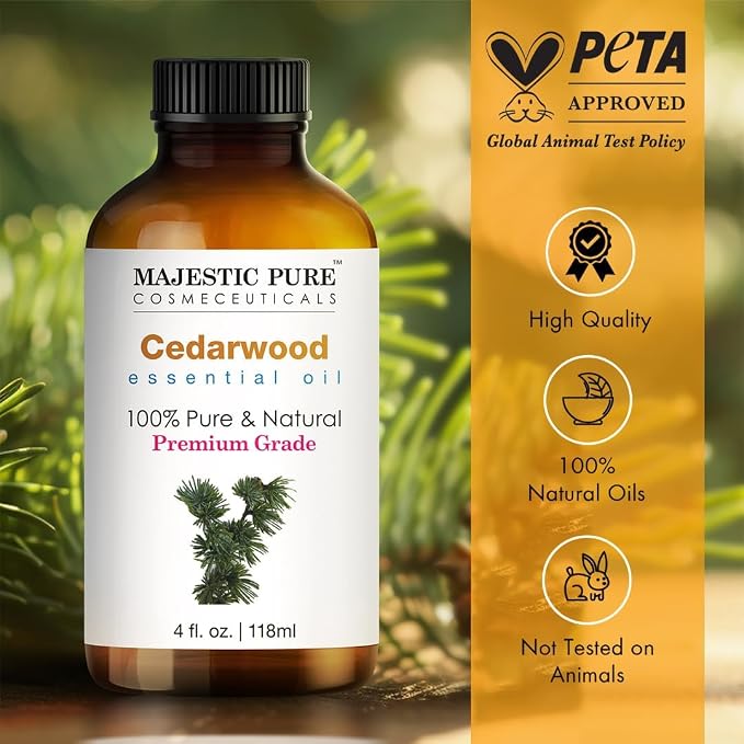 Majestic Pure Cedarwood Essential Oil for Diffuser - 4 Fl Oz | 100% Natural Essentials Oils for Aromatherapy, Massage, Steam inhalation, Air Freshing, Soap and Candle Making