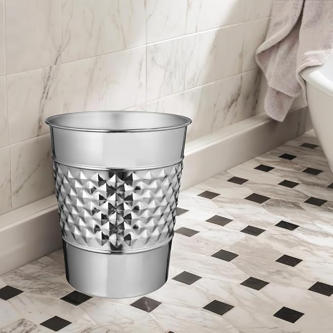 Monarch Abode Metal Bathroom Trash Can – Waste Basket for Bedroom, Office Desk, & Dorm, Handcrafted Geo Embossed, Durable Decorative Nickel Chrome Small Trash Can Bathroom Garbage Bin Wastebasket
