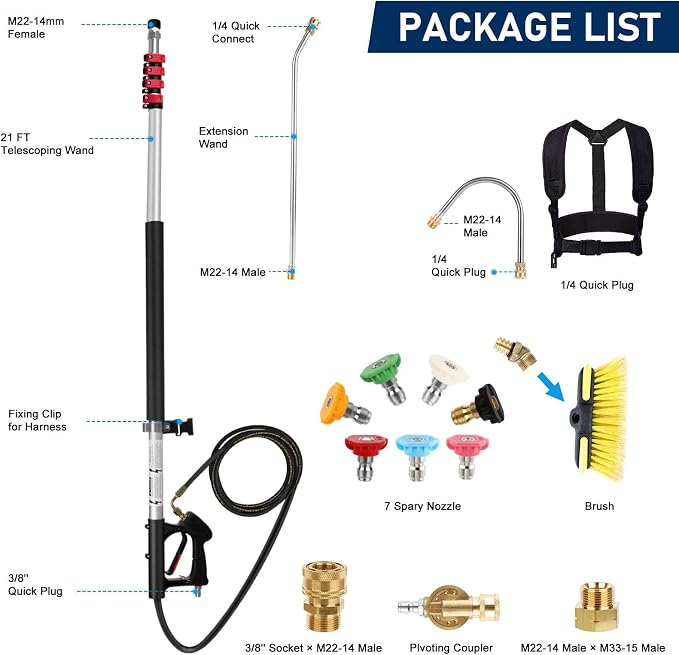 Pressure Washer Extension Wand 24 FT, Extension Pole for Pressure Washer with Gutter Extension, and 7 Spray Nozzle Tips for Roof Fence Window Washing Gutter Cleaner